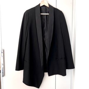 Oversized black silk-lined All Saints blazer with front asymmetrical hem